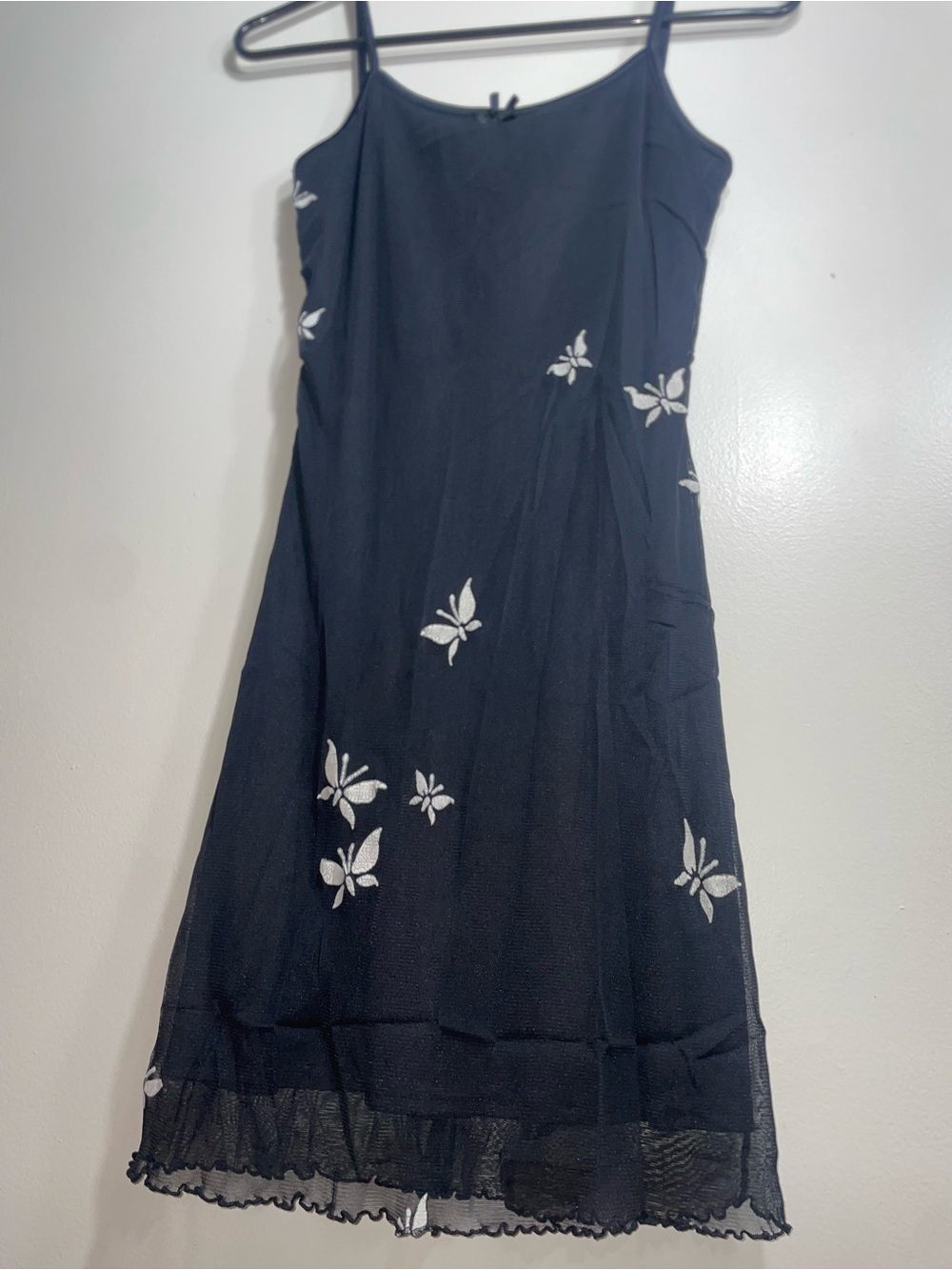 AQUA BLUES Black Mesh Mini Dress with White Butterfly Appliqués